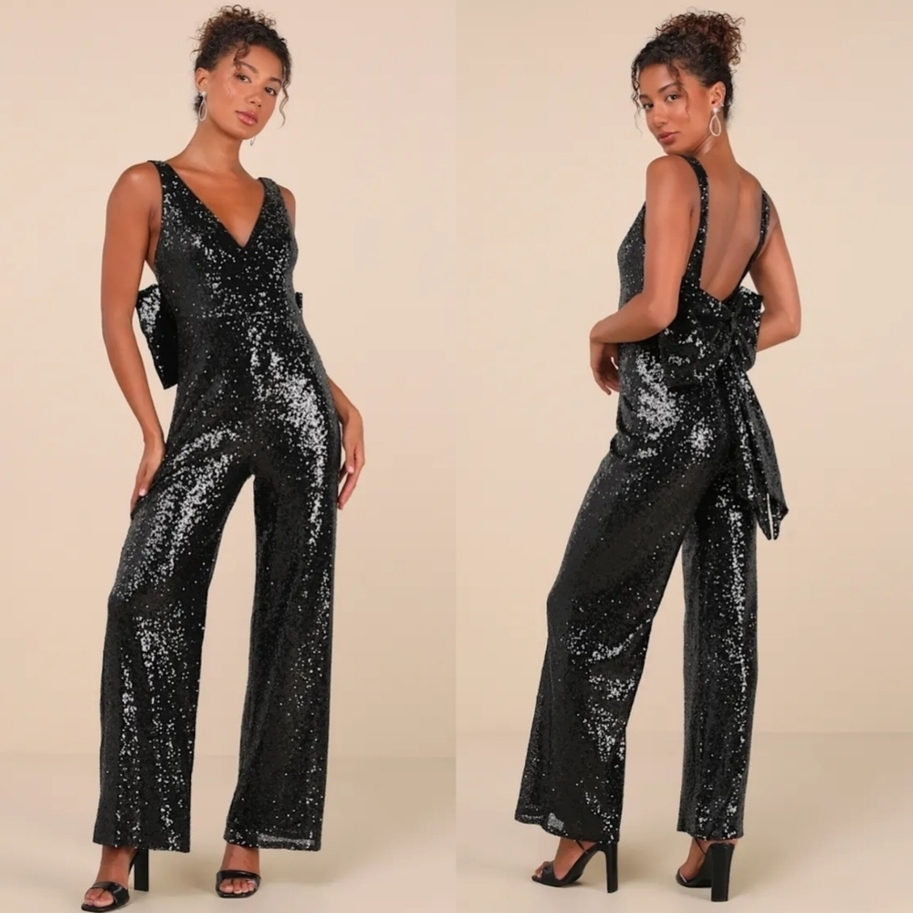 Lulus Feeling Sparkly Black Sequin Bow Wide-Leg Jumpsuit S Wedding Party Prom